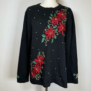 Basic Editions Holiday Sweater Cotton Blend Sequin Bead Embroidery Womens Large